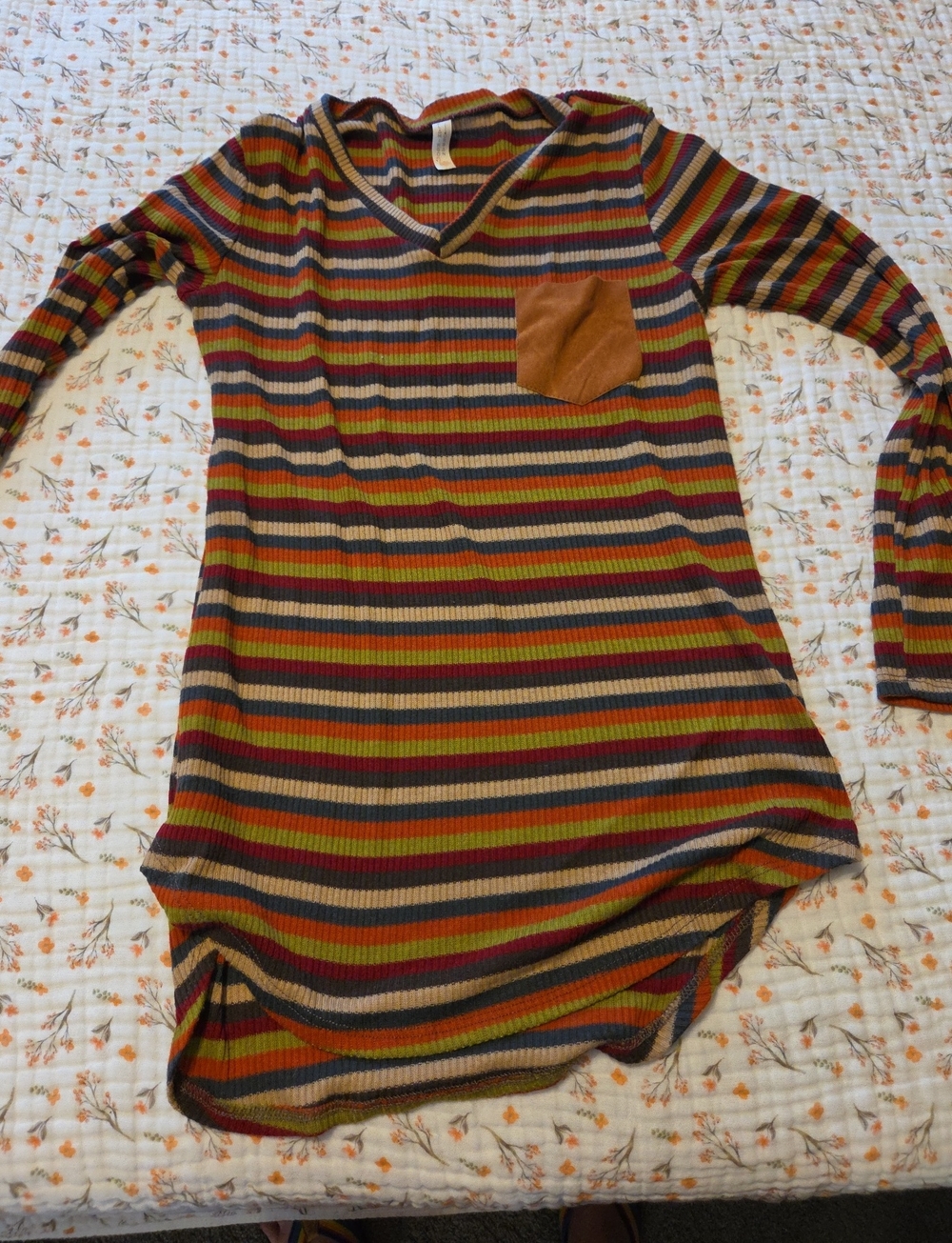 Flamingo Urban Striped Ribbed V-Neck Long Sleeve Top in Olive, Rust & Navy